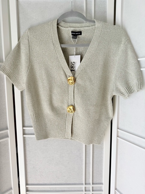 Urban Revivo Tops - Urban Revival Cream Short-Sleeve Knit Cardigan with Gold Buttons